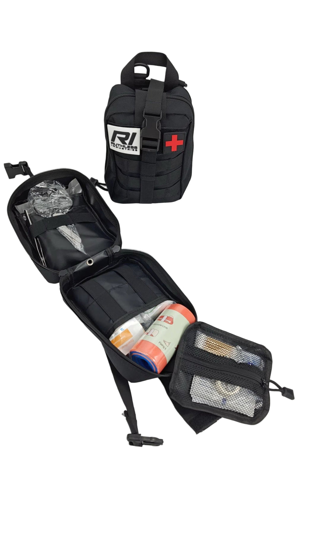 Black tactical first aid kit with open compartment showing contents on a white background