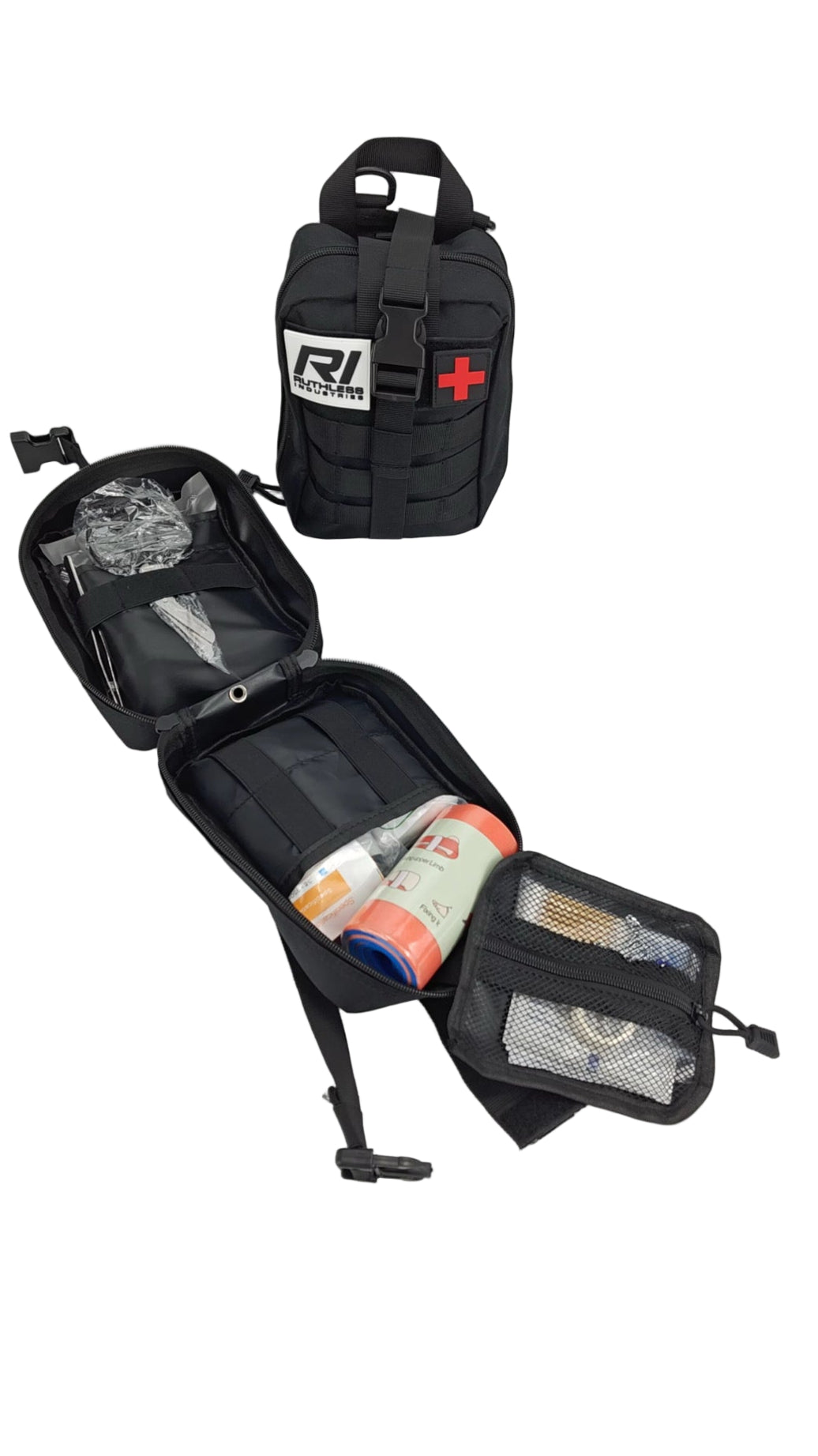 Black tactical first aid kit with open compartment showing contents on a white background